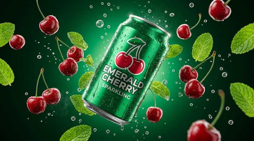 Studio still life of Fizzly Emerald Cherry Sparkling with floating cherries and mint leaves