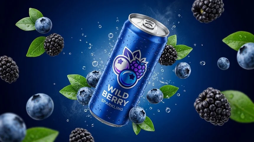 Studio still life of Fizzly Wild Berry Sparkling with floating blueberries, blackberries, and botanical leaves